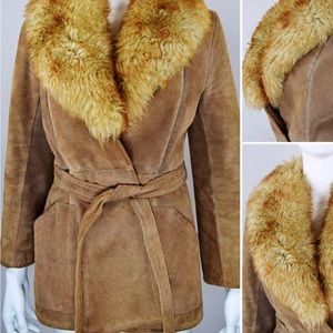 Vintage 70’s Light Brown Suede Shearling Trimmed Collar Wrap Style Jacket - Sz M